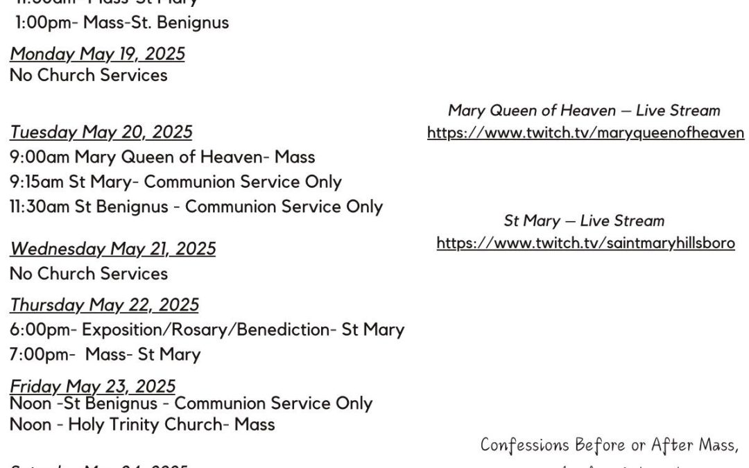 Mass Schedule 5-18 to 5-25