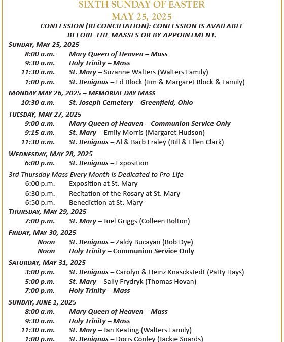Mass Schedule May 25 to June 1