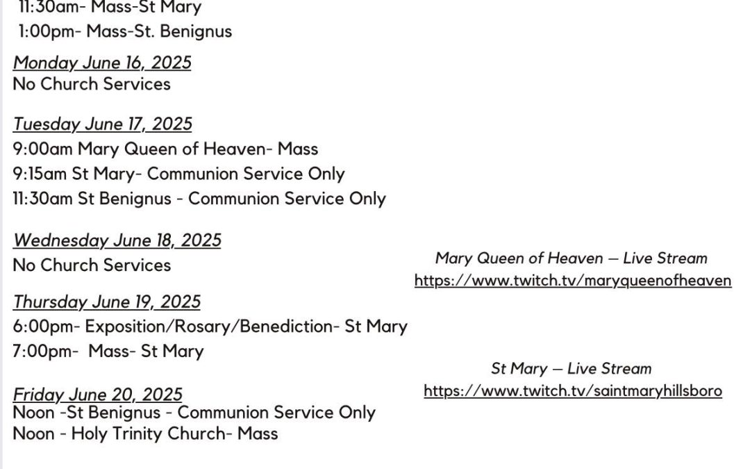 June 15 to June 22 Mass Schedule