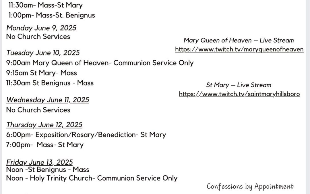 Mass Schedule June 8 to June 15