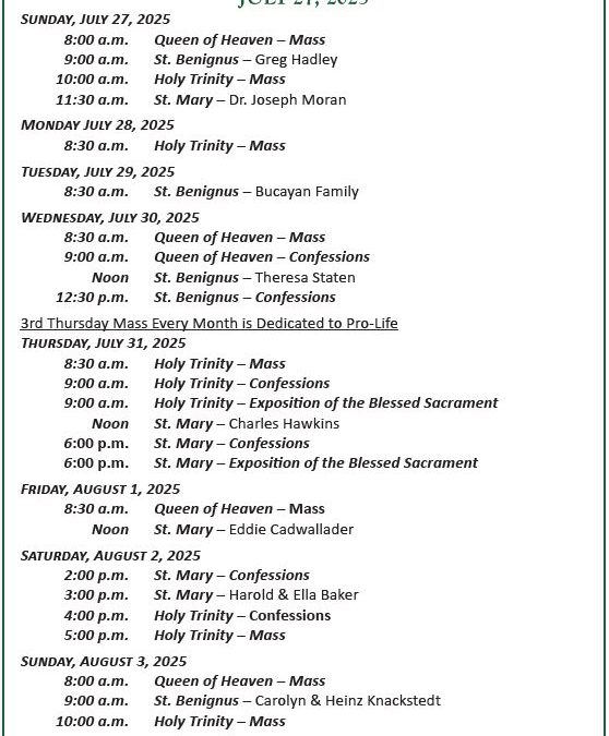 Mass Schedule July 27 to August 3, 2025