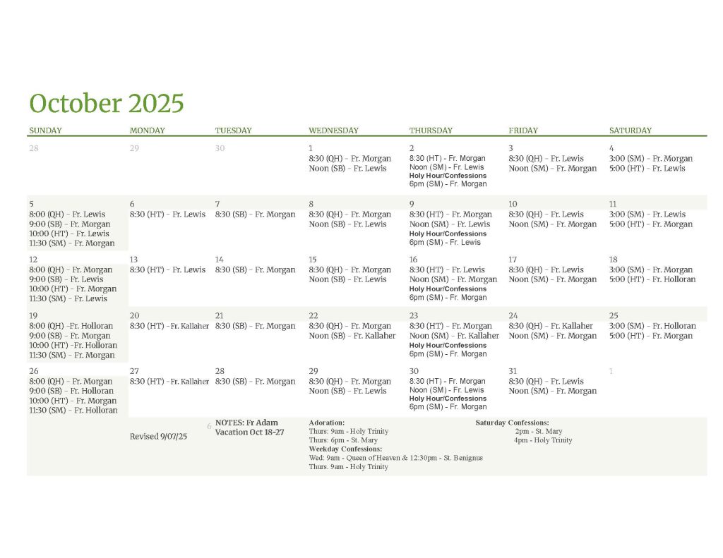 OLH Clergy Schedule October 2025